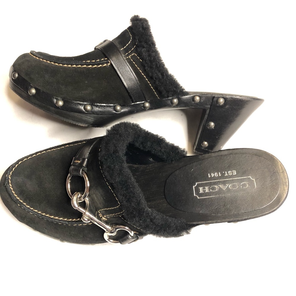 Coach Regina Black Suede Leather Mules Shoes, Wood He… - Gem